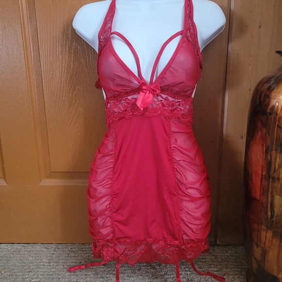 💜 New Red Deep V Neck Ruched Lace Mesh Chemise - Picture 4 of 7